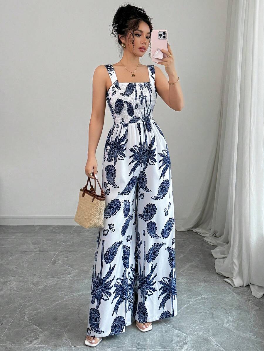 SHEIN PETITE Women's Summer Vacation Blue & White Print Camisole Jumpsuit - Blue and White - View 1