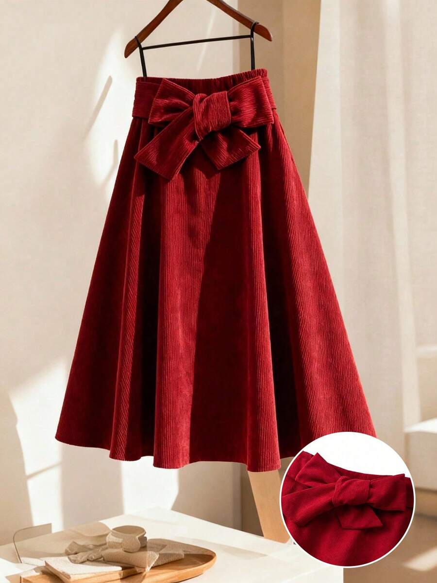 GlowEve CURVE Chân váy chữ A thắt nơ màu trơn cỡ lớn dành cho nữ, dáng suông, cạp cao, lãng mạn và thanh lịch - Đỏ - Xem 1