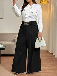 Vionelle Plus Size Women Elegant Casual Solid Color Decorative Belt Loose Wide Leg Pants High Waist Pants Belted High Waist Pants Belt Pants Elegant Pants For Women Gold Chain Belt Petite Wide Leg Pants Pallazo Pants Women Palazzo Pants Women - Black - View 6