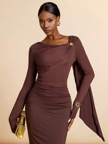 Vesra Women's Solid Color Metal Decor Asymmetric Neck Ruffle Design Fitted Fashion T-Shirt - Brown - View 3