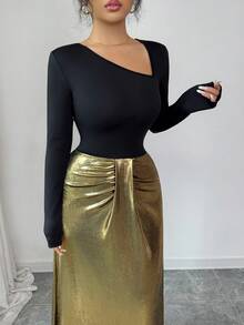 Elenzga Independence Day Party New Fashion Women's Dress, French Elegant Vintage Shiny Stretchy Fabric, Stylish Black+Gold Splice Oblique Collar Ruffle Hem Fitted Flared Hem Casual Versatile Long Sleeve Dress - Black and Gold - View 2