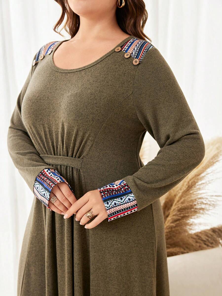 Seusyu Autumn/Winter Casual Loose Fit Crew Neck Pullover Knit Textured Element Patchwork Long Sleeve Plus Size Women Long Dress - Multicolor - View 1