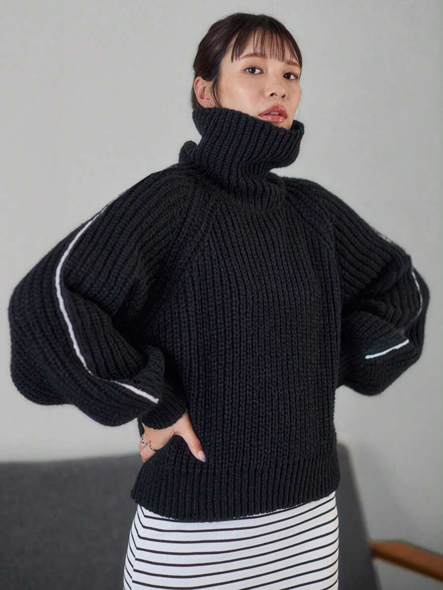 FRIFUL Women's Autumn/Winter Side Stripe High Neck Raglan Sleeve Loose Knit Sweater - Black - View 1