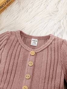 1 Piece 1SHEIN Cute Baby Girl Casual And Elegant Green Round Neck Dress With Grab Stripes Suitable For Birthday Parties, Evening Parties, Performances, Weddings, Baptisms, Opening Ceremonies Suitable For Daily Use Suitable For Travel Suitable For Autumn And Winter Seasons - Dusty Pink - View 6