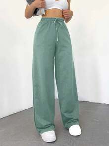 SHEIN Cottnline Pantalones Cargo De Cintura Con Cordón De Color Liso Para Mujer - Verde - Ver 3