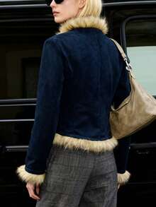 INAWLY Women's Suede Fur Collar Fitted Jacket, Autumn/Winter - Navy Blue - View 2