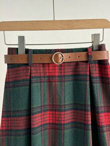 Franclia 休闲时尚百搭松紧腰棕色皮带，褶皱复古圣诞格子中长裙，女式，秋季 - 彩色 - 查看 3