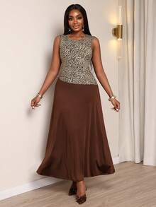 Xyvia Women's Elegant Leopard Print Contrast Color Design Sleeveless A-Line Midi Dress, Versatile All-Match Style, All Season