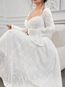 Feyla Plus Size Elegant Party Solid Color Textured Flare Sleeve Dress Lace Dress White Lace Fall - White - View 1