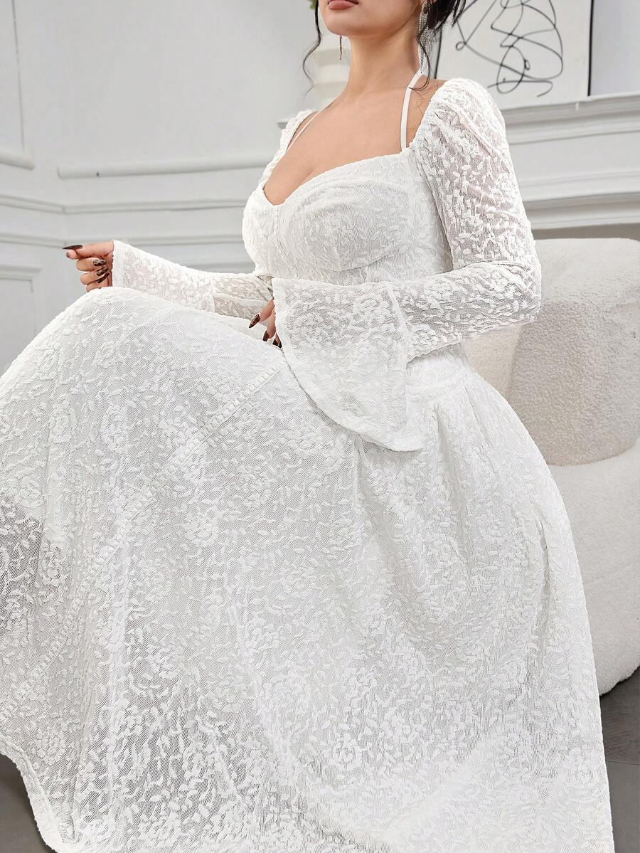 Feyla Plus Size Elegant Party Solid Color Textured Flare Sleeve Dress Lace Dress White Lace Fall - White - View 1