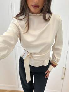 Siren Gaze Women's Solid Color Mandarin Collar Metal Button Decor Office Shirt, Slim Fit Long Sleeve Blouse For Everyday Wear Winter Elegant Spring