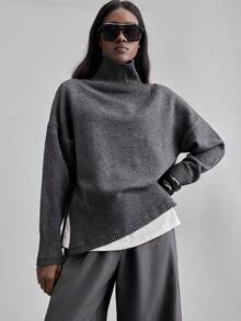 Ontre 2026春夏女士深灰色花卉针织高领毛衣，侧边高开衩，宽松落肩长袖，四季皆宜，优雅都市休闲商务通勤高品质机场时尚针织女装灰色高领毛衣女式半高领女式毛衣现代都市休闲时尚商务休闲女式办公室着装低调复古风格高端都市通勤高品质机场女装高档面料 - 深灰色 - 查看 6