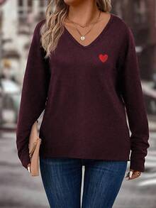 EMERY ROSE Nueva camiseta básica de manga larga con cuello en V y estampado de corazón pequeño, talla grande, color burdeos - Multicolor - View 3