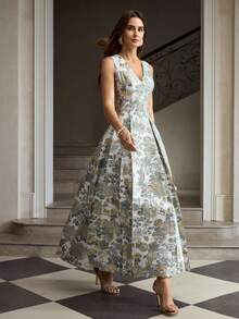 ZEYLAH Váy xếp ly cổ chữ V họa tiết hoa jacquard thanh lịch dành cho nữ - Xám - Xem 5