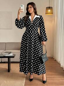 Vionelle Váy maxi tay dài chấm bi cổ chữ V lãng mạn kiểu Pháp cỡ lớn dành cho nữ - Đen và trắng - Xem 5
