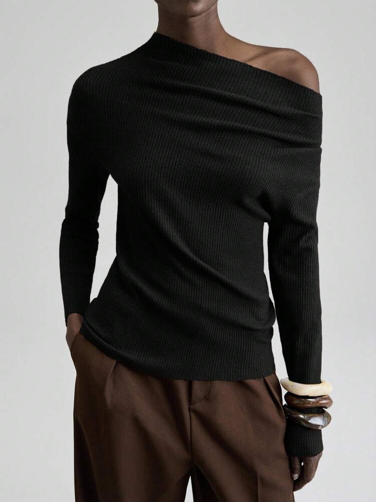 Women's Fitted Asymmetrical Shoulder Sweater, Minimalist Elegant Chic Business Casual Wear, Suitable For Commuting, Office, Teacher, Spring/Summer
