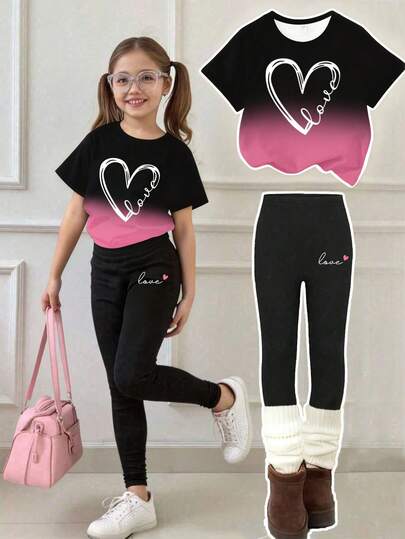 Tween Girl 2 Pieces Sets, Black & Pink Ombre Heart Graphic Tee Tops & Black Leggings Outfit, Casual Stylish Graphic Tee Set
