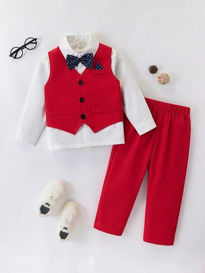 SHEIN 三件套男童绅士正装，含领结、马甲和长裤，秋冬季适用，适合婚礼、婚礼宾客、花童、戒指童等场合。