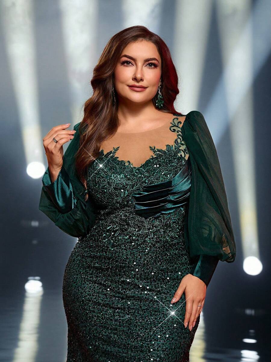 Glamrae 加大码优雅奢华祖母绿亮片撞色网眼灯笼袖修身美人鱼下摆拖尾长裙，适合晚会、约会、舞会、婚礼、毕业典礼（重磅装饰） - 墨綠色 - 查看 1