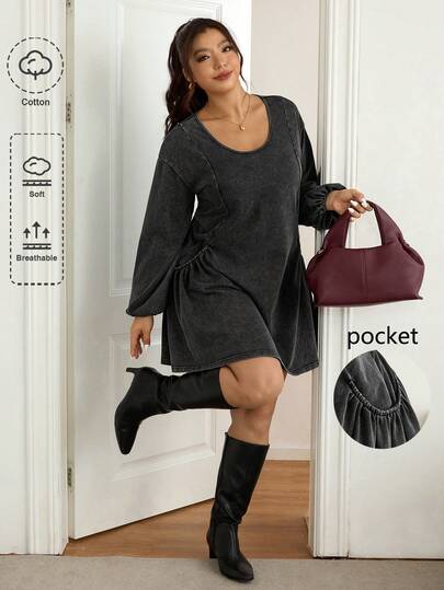 Lounesse Vestido de mujer talla grande con cuello redondo, diseño con bolsillos laterales y manga larga