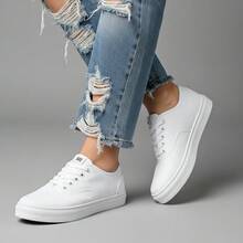 tenis hombre mujer casuales de lona planos choclo unisex baratos moda con raya colores básicos 22mx 29mx confort al camina urbano casual con agujetas zapatillas urbano deportivo blanco negro - Blanco - Ver 1