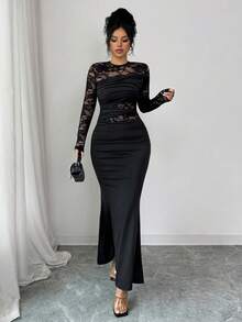 Rafferiza Rochie minimalistă la modă, cu dantelă încrețită, din mătase lapte, elastică, cu guler rotund și mânecă lungă, pentru femei, potrivită pentru petreceri sau întâlniri de celibatari - Negru - Vizualizare 5