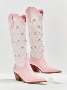Solezae 全新女式刺绣纯素皮革尖头粗跟一脚蹬西部风格别致牛仔靴 - 粉色 - 查看 2