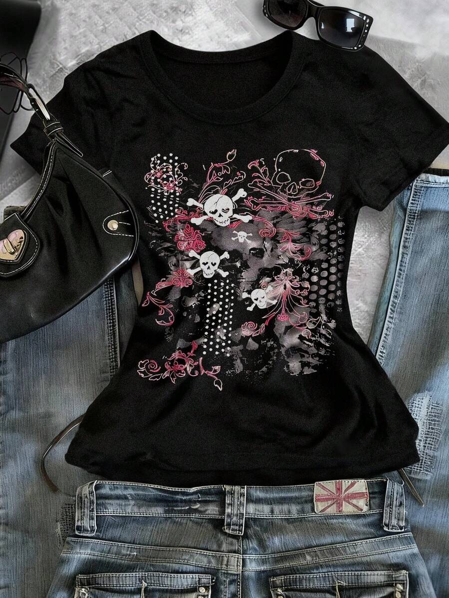 SHEIN Áo thun nữ Y2K phong cách Punk Retro đầy cảm xúc, áo thun tay ngắn cổ tròn thời trang đường phố, thích hợp mặc hàng ngày trong mọi mùa - màu đen - Xem 1