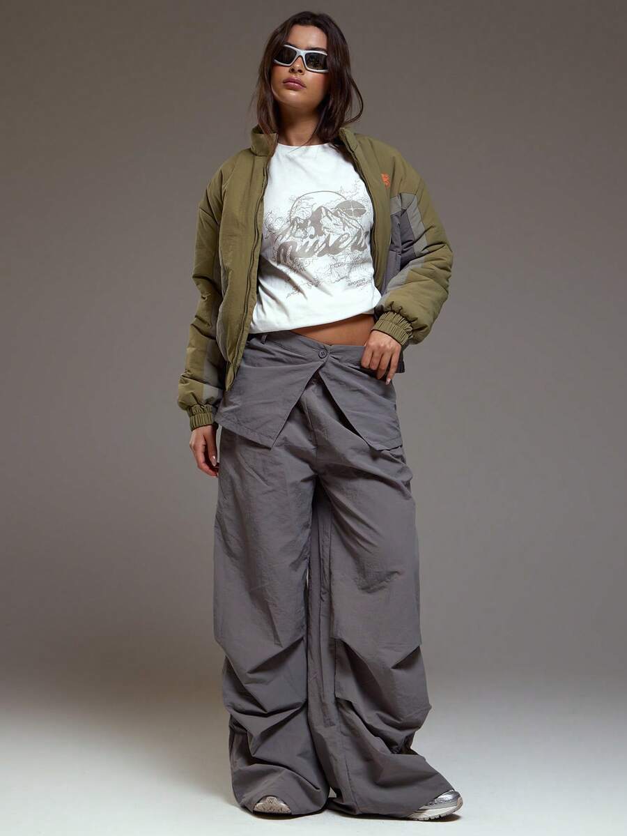 MUSERA Overlayered Wrap Skirt Detail Baggy Fit Trouser Winter Coolgirl Cosy Cute Outdoors Explorer Spring Y2k Pants - Grey - View 1