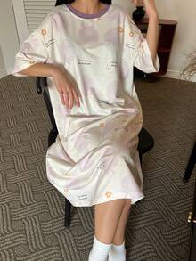 DAZY 水果印花寬鬆中長版女款睡裙睡衣 - 米色 - 查看 3