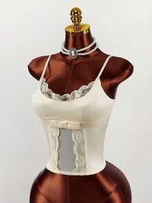 Amplova Women's Butterfly Decor Contrast Lace Ruffle Waist Sheer Camisole,Tank Top - Apricot - View 7