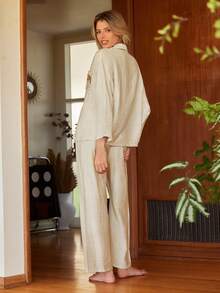 Lullawish Women's Beige Palm Tree Embroidery Beach Lounge Set Sleep Wear, Winter Clothes - Beige - View 5