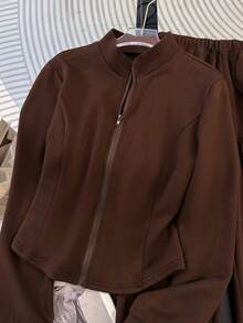 Resyla 女士休闲运动通勤简约纯色立领拉链外套和抽绳喇叭裤两件套，春秋季 - 咖啡棕 - 查看 5