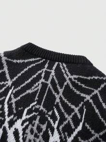 ROMWE MEN Goth Men's Spider Web Jacquard Loose Fit Long Sleeve Sweater - Black - View 5