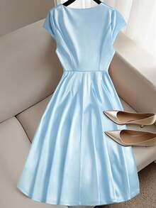 Elenzga 大码女式 A 字形圆领褶皱摆裙 - 淺藍色 - 查看 2