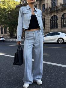 DAZY Women's Casual Cropped Jacket And Jeans Set, Autumn - Blue - View 2