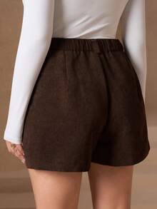 Chikora Plus Size Women Casual Loose Solid Color Wide Leg Brown Shorts Elegant Modest Winter For Christmas New Year Brandy - Brown - View 3