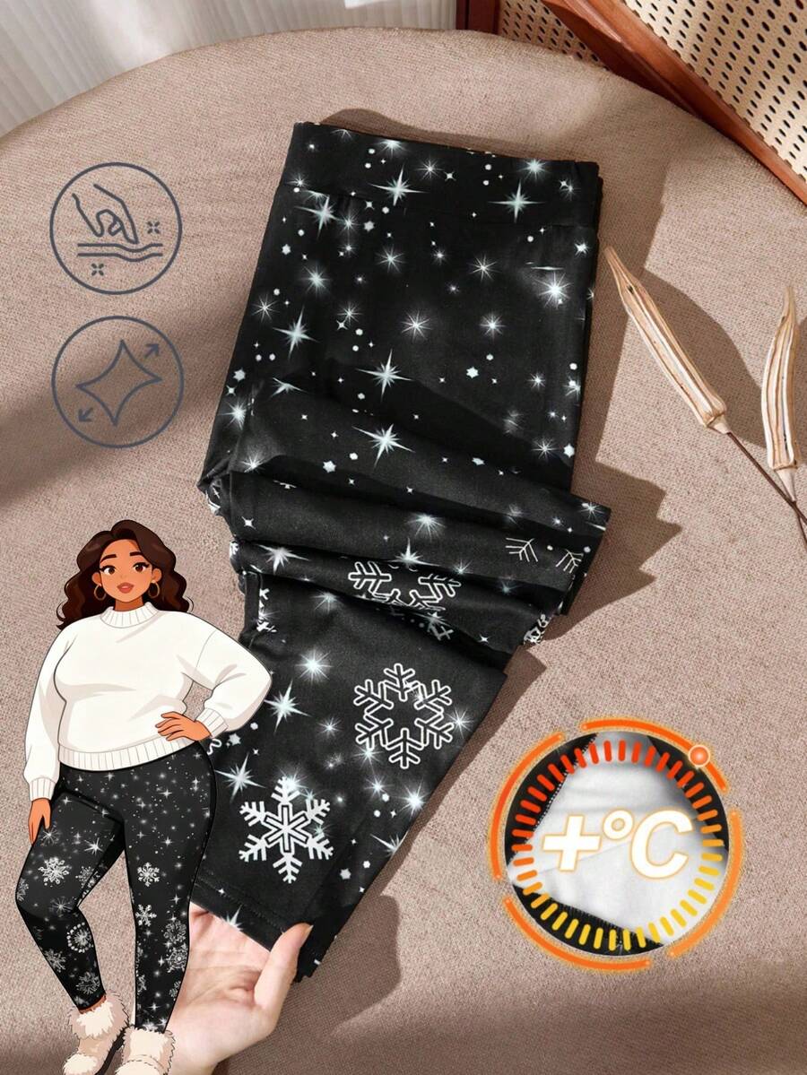 Rusticease Quần legging lót nhiệt họa tiết bông tuyết cỡ lớn, mặc thường ngày cho mùa thu/đông - Nhiều màu - Xem 1