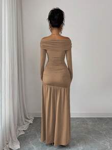 Elenzga 女士复古优雅露肩修身长袖针织连衣裙，秋冬季，万圣节 - 卡其色 - 查看 2