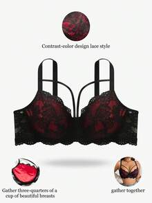 Wedaily 2pcs Plus Size Lace Trim Underwire Supportive Adjustable Strap Bras - Multicolor - View 4
