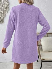 SHEIN LUNE 休闲常规长袖宽松纯色女式迷你连衣裙 - 紫色 - 查看 2
