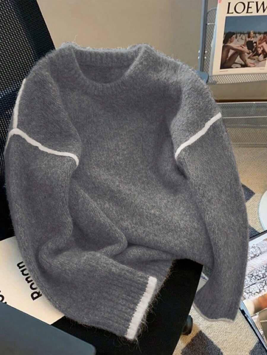 Franclia Retro Gray Sweater For Women, Soft & Loose Knit Top, New Arrival 2024, Autumn/Winter