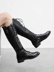 CUCCOO BIZCHIC 女式圆头系带侧拉链及膝靴，黑色，百搭休闲通勤平底高筒靴，靴子