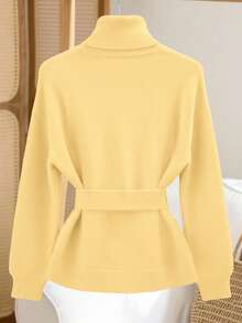 Franclia Women's Elegant High Neck Loose Cinched Waist Design Asymmetrical Hem Pullover Sweater, Winter Sweater For Women Women Sweaters Turtleneck Yellow Sweater Butter Yellow Clothes Yellow Sweater Women's Sweaters Yellow Turtleneck Sweater - Yellow - View 2
