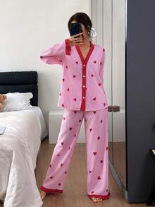 SHEIN Women's Pink Striped Heart Patchwork Top & Pants Pajama Set, Winter Clothes - Multicolor - View 6