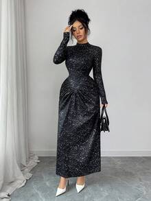 Elenzga Autumn/Winter New French Style Metallic Knit Fabric Elegant Stand Collar Ruched Fitted Bodycon Cocktail Dress, Sophisticated Design, Suitable For Independence Day - Black - View 6