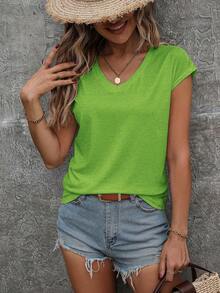SHEIN LUNE Women's Solid Color Spaghetti Strap V-Neck Short Sleeve Blouse, Fashionable & Suitable For Summer - Green - View 6