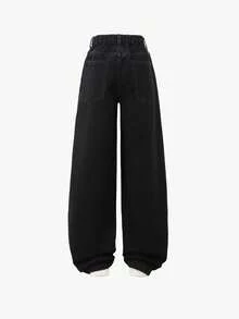 SHEIN 少女新款时尚做旧喇叭牛仔裤，饰有心形刺绣，柔软舒适，适合秋冬季节、休闲穿着、派对、居家、度假、返校等场合。 - 黑色 - 查看 2