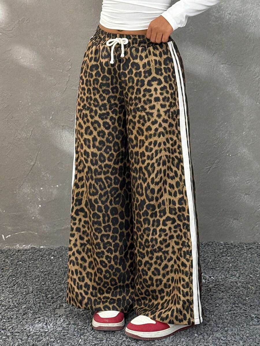 Coolane Kids Pantalon évasé à imprimé léopard et rayures blocs de couleurs pour préadolescentes