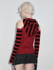 ROMWE Kawaii Women's Cute & Sweet Tie Cuff Decor Off Shoulder Lantern Sleeve Cropped Sweater - Red - View 3